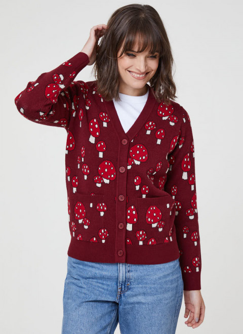 Agaric Mushroom Cardigan Model Front Looking Down