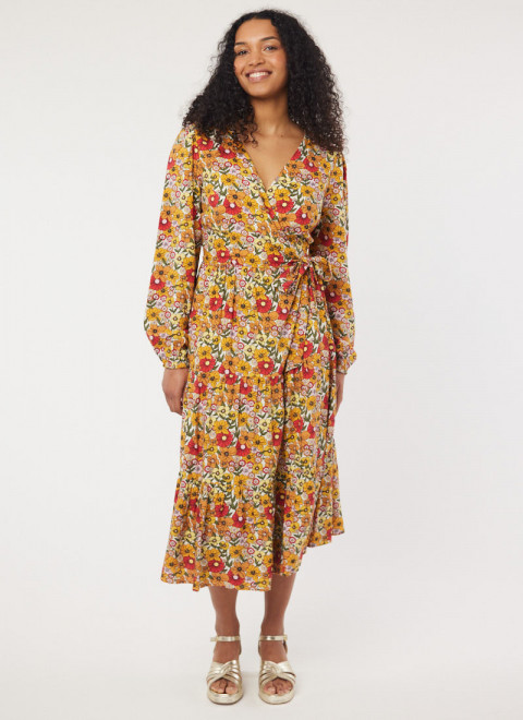 Aleesha Vintage Floral V-Neck Wrap Dress - Model Front Full Length - Montpellier Metallic Leather Platform Sandals - Gold 