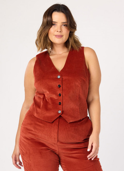 Annie Corduroy Waistcoat - Rust - Model Front Size 18