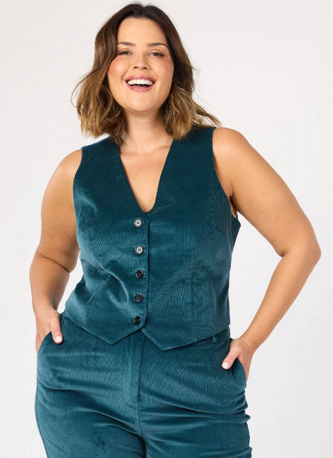 Annie Corduroy Waistcoat - Teal - Model Front Size 18
