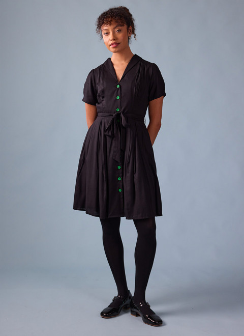 Barb Black Tie-Waist Tea Dress - Model Front Size 10 With Paris Black Shoes