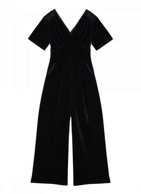 Bellatrix Short Sleeve Velvet Jumpsuit - Black Product Front