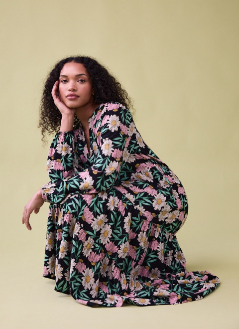 Cady Daisy Print Long Sleeve Smock Dress - Model Front Size 10