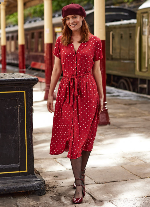 Carly Polka Dot Print Dress - Red  - Model Front