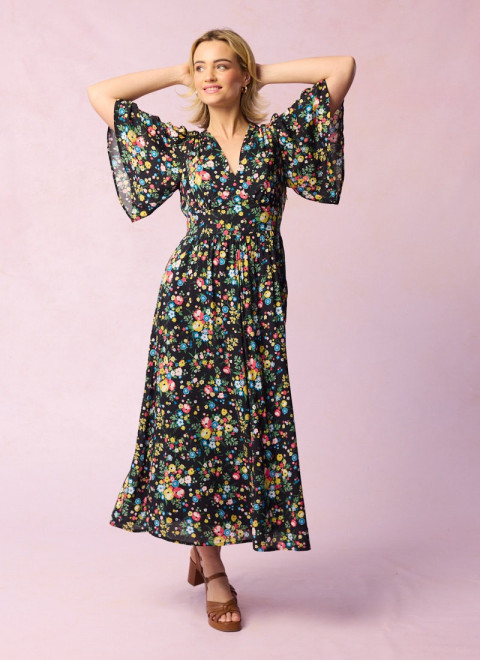 Desdemona Black Floral Print Midi Dress - Model Front Size 10