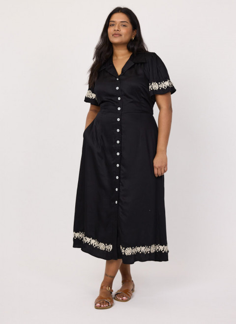 Este Black Embroidered Shirt Dress - Model Front