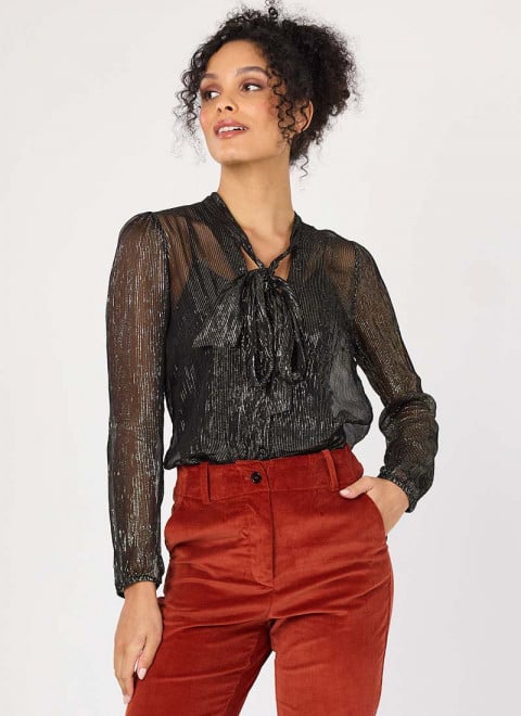 Etoile Gold Lurex Tie Neck Blouse - Model Front Size 10