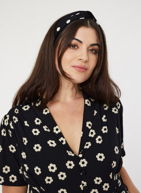 Faye Black Polka Dot Print Headband - Model Front