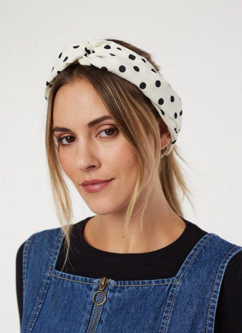 Faye White Polka Dot Print Headband - Model Front