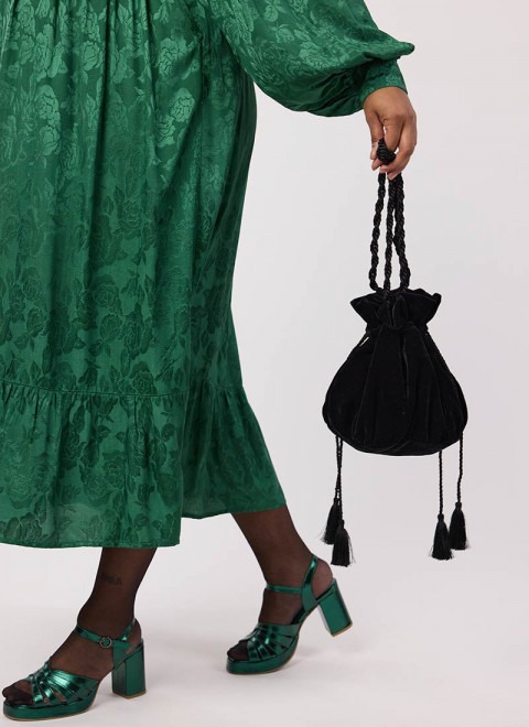 Filey Black Velvet Pouch Bag - Model Front With Victoria Dress