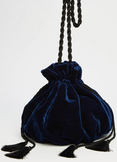 Filey Navy Velvet Pouch Bag - Product Front Close Up