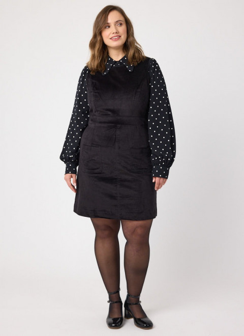Daphne Patch Pocket Pinafore Dress - Black - Velma Dagger Collar Blouse - Cream - Model Front
 