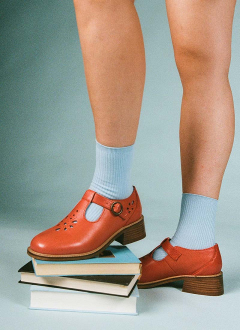Lyon Leather T-Bar Shoes - Rust - Model Side