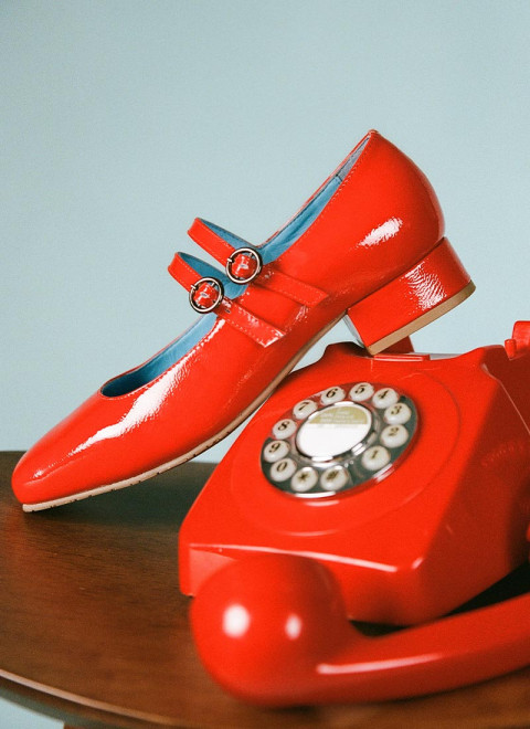 Paris Patent Leather Mary Jane Shoes - Red - Item Side On Vintage Telephone