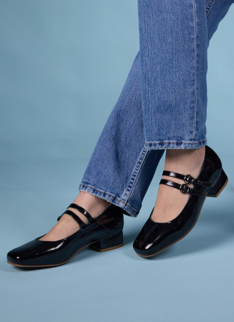 Paris Patent Leather Mary Jane Shoes - Black - Model Front With Jeans