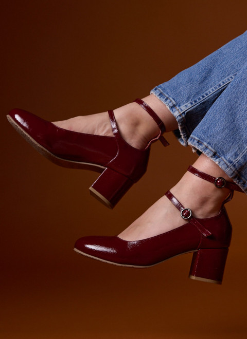 Rouen Patent Leather Mary Jane Shoes - Burgundy - Pippa Geometric Floral Print High Waist Trousers - Model Front