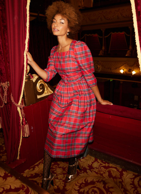 Gina Puff Sleeve Tartan Midi Dress - Red