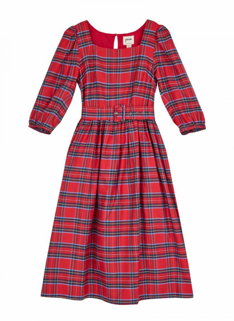 Gina Puff Sleeve Tartan Midi Dress - Red - Product Front