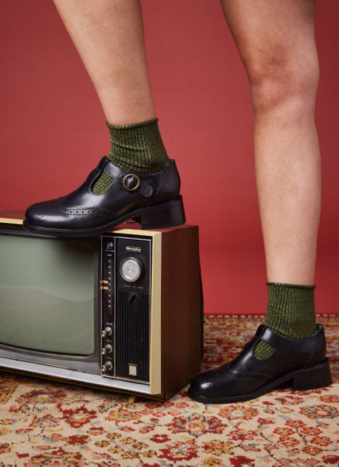 Grenoble Leather T-Bar Brogues - Black - Model Front
