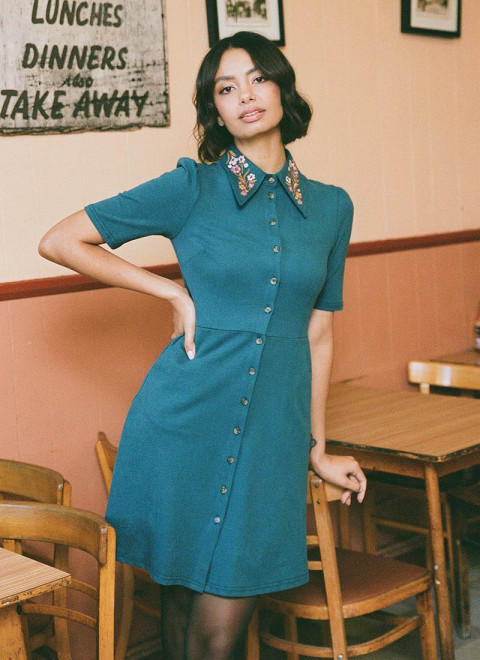 Jada Embroidered Collar Jersey Shirt Dress - Teal - Model Front Size 10