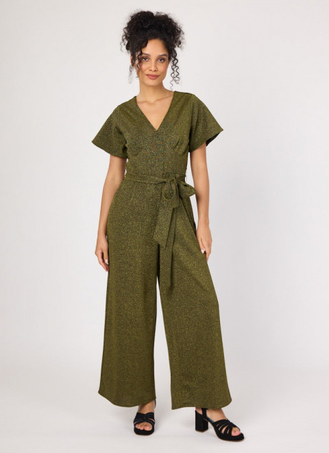 Jerry Gold Lurex Jumpsuit - Model Front Gold Heels