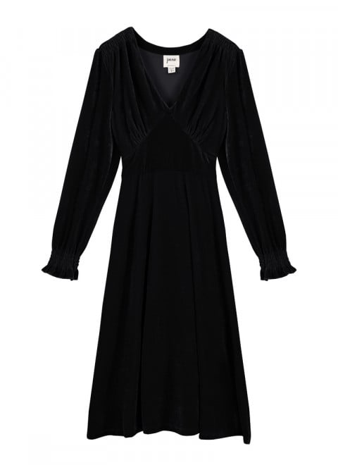 Juno Long Sleeve Velvet Midi Dress - Black - Model Front