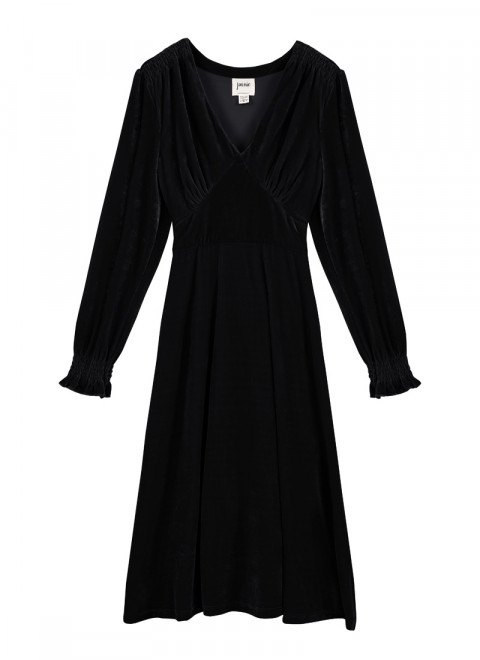 Juno Long Sleeve Velvet Midi Dress - Black Product Front