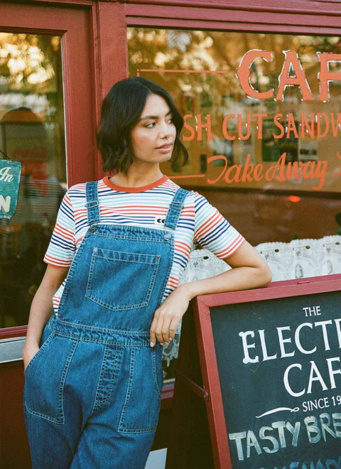 Community Clothing X Joanie - Belmondo Orange And Blue Stripe Tee - Model Front