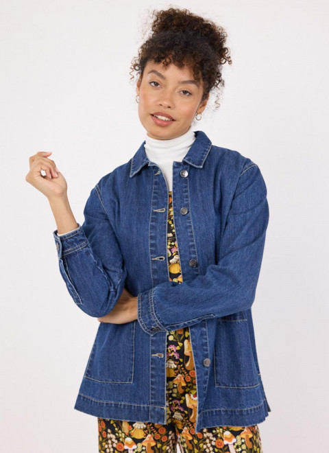 Kurt Button-Down Mid Wash Denim Jacket - Model Front Size 10 With Leroy Dungarees