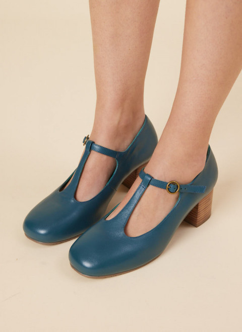Lille Leather T-Bar Dolly Shoes - Teal 