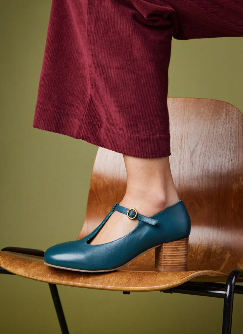 Lille Leather T-Bar Dolly Shoes - Teal  - Model Front