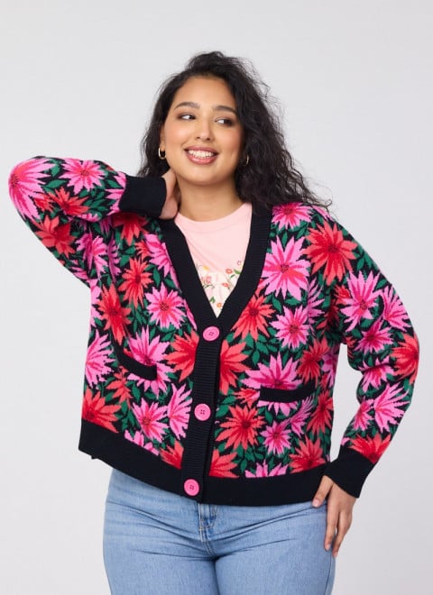 Lovelace Dahlia Floral Print Oversized Cardigan - Model Front Size 16