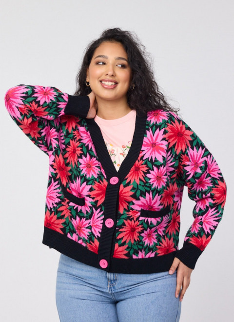 Lovelace Dahlia Floral Print Oversized Cardigan - Model Front White Top