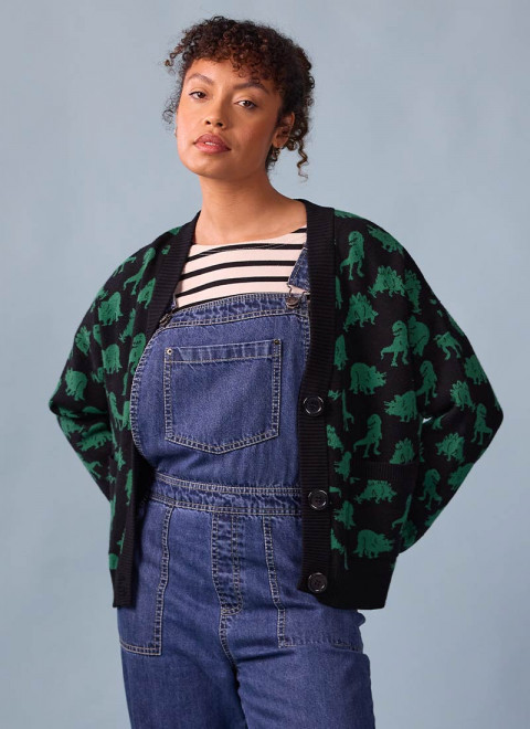 Lovelace Dinosaur Print Oversized Cardigan - Model Front Size 10 With Leanne Dungarees