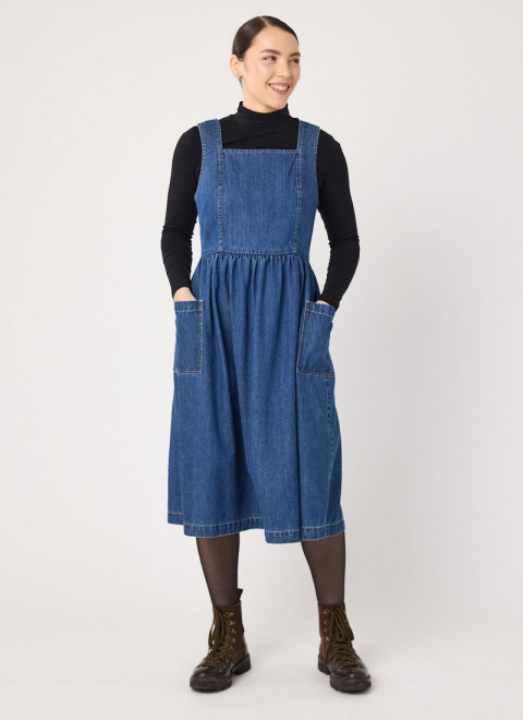 Mabel Denim Square Neck Pinafore Dress - Model Front Size 10