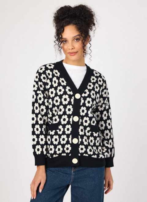 Maeve Monochrome Daisy Print Cardigan - Model Front Size 10