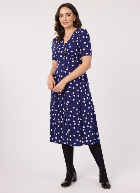 Manon Polka Dot Print Button-Through Tea Dress - Navy - Model Front Size 10