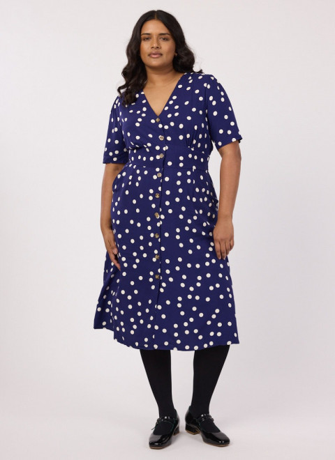 Manon Polka Dot Print Button-Through Tea Dress - Navy