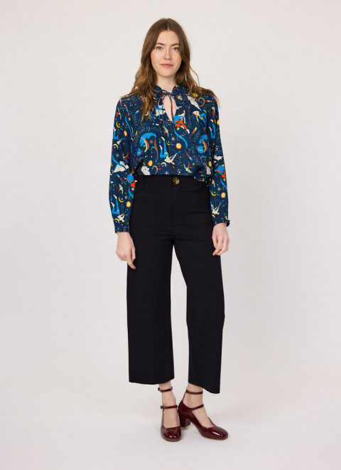 Millie Astrological Print Tie Neck Blouse - Model Front Full Length - Rouen Patent Leather Mary Jane Shoes - Burgundy
