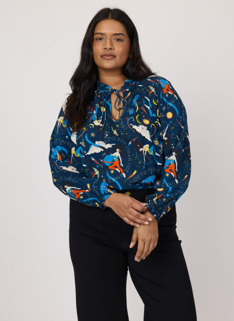 Millie Astrological Print Tie Neck Blouse