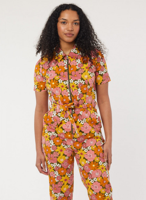 Mork Vintage Floral Print Short Sleeve Boilersuit - Model Front Close Up