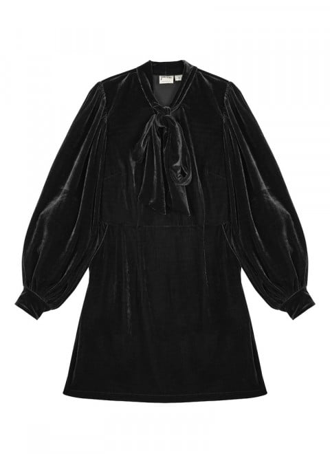 Nolly Black Velvet Pussy Bow Mini Dress - Product Front