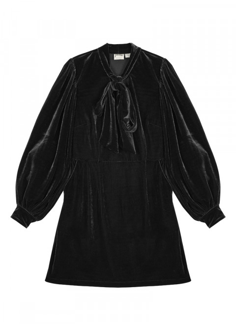 Nolly Black Velvet Pussy Bow Mini Dress - Product Front