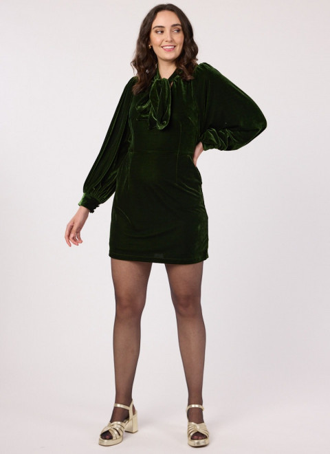 Nolly Green Velvet Pussy Bow Mini Dress