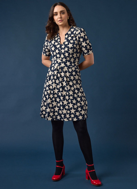 Olga Navy Star Print Jersey Tea Dress - Model Front Size 10