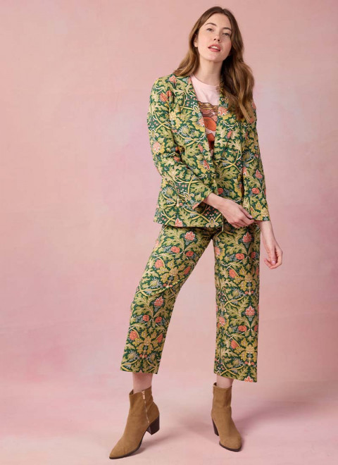 Pippa Art Nouveau Print High Waist Trousers - Model Front - Florence Tie Neck Dobby Blouse - White

