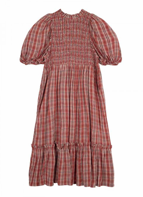 Priya Red Check Print Puff Sleeve Midi Dress - Product Front