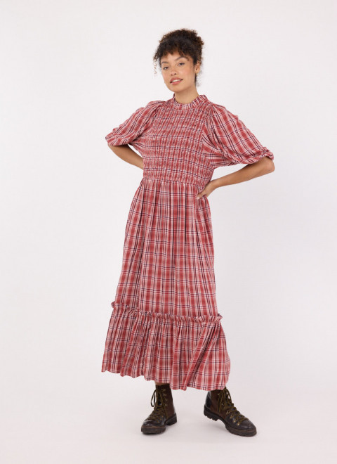Priya Red Check Print Puff Sleeve Midi Dress - Model Front Size 10 With Boots