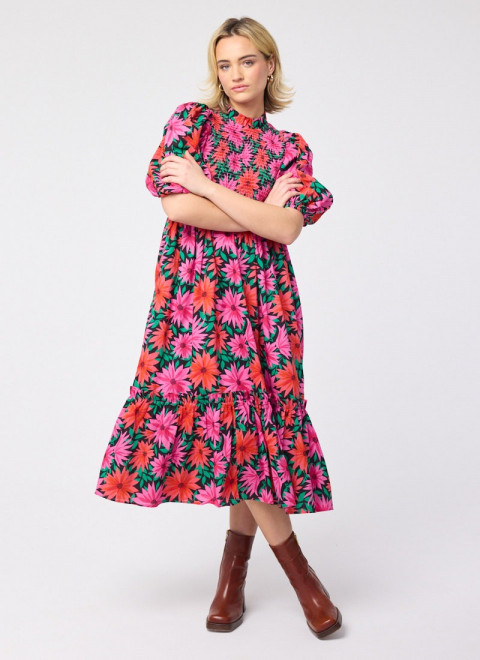 Priya Dahlia Floral Print Puff Sleeve Midi Dress