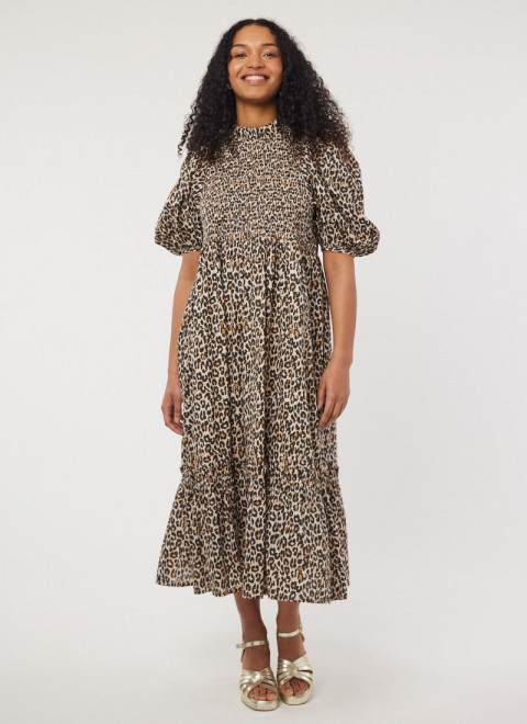 Priya Leopard Print Puff Sleeve Midi Dress - Montpellier Metallic Leather Platform Sandals - Gold - Model Front Full Length